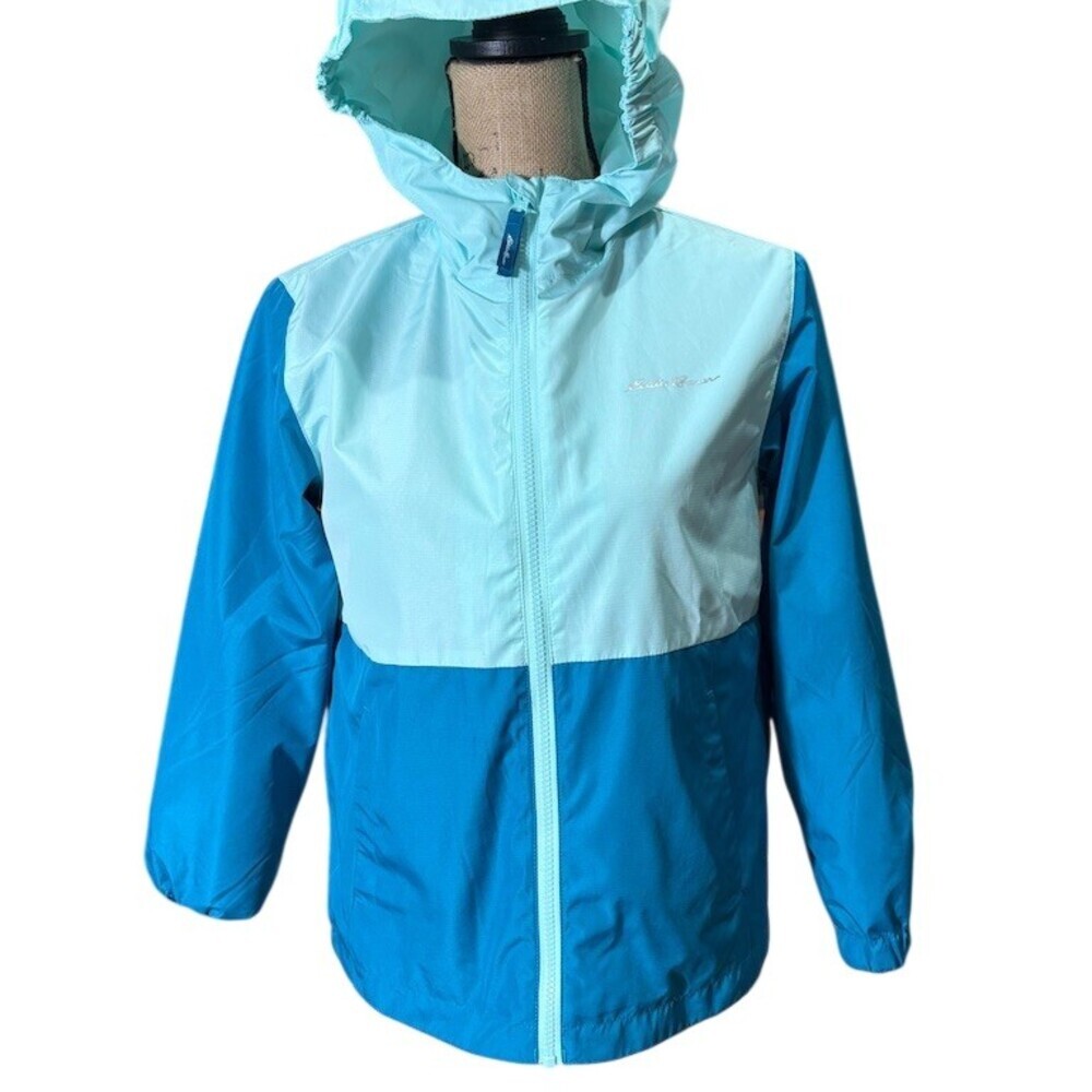 Eddie Bauer Girls Hooded Windbreaker Jacket Blue Teal Colorblock Size M 10